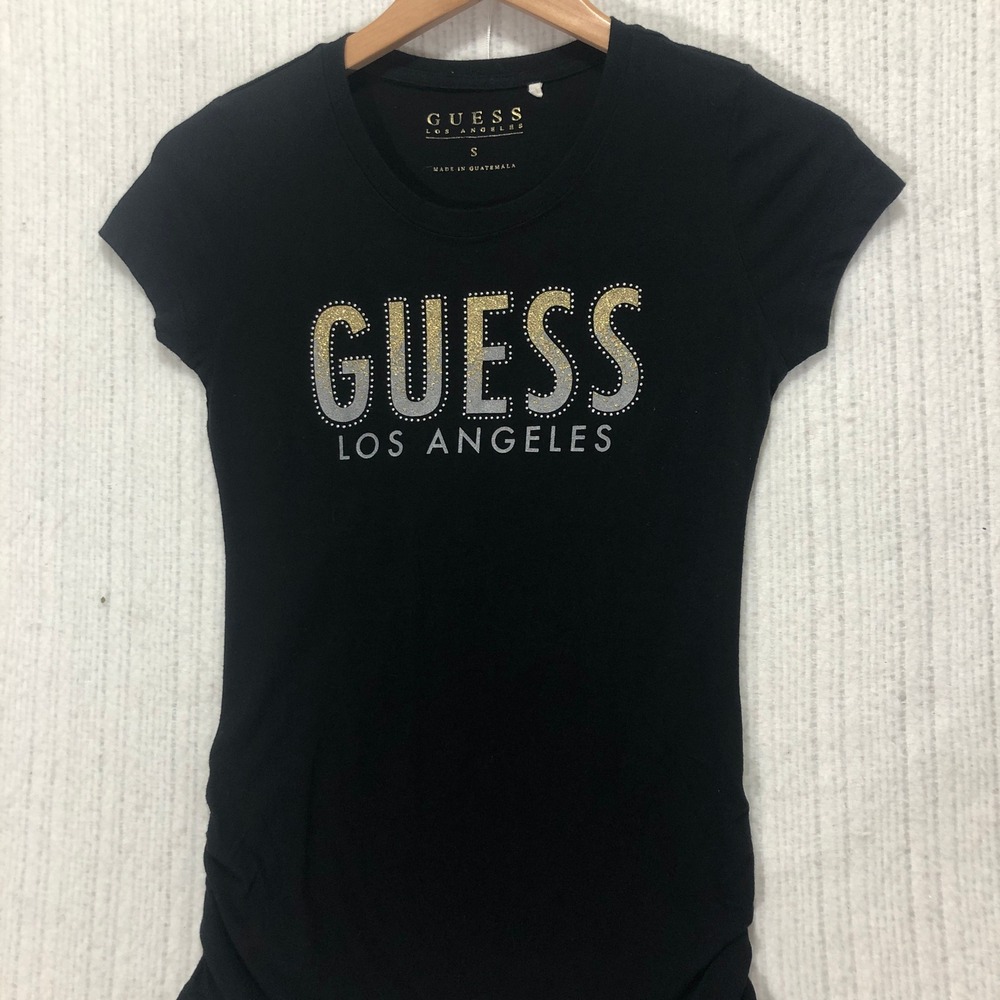 Guess Los Angeles Womens T-Shirt Black Gold Silver Rhinestone Small S‎